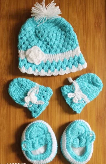 Trendy Wool Infants Caps Combo 1 Piece Of Baby Cap 1 Pair Of Baby Booties & 1 Pair Of Baby Mittens - 0-6 Months, Blue, Wool, Pack of1
